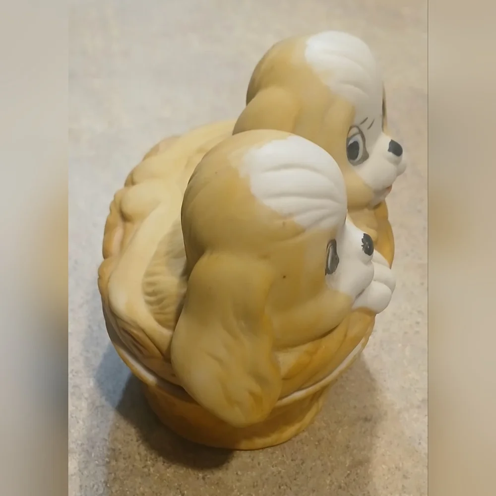Homco Brown and White Puppy Basket Figurine